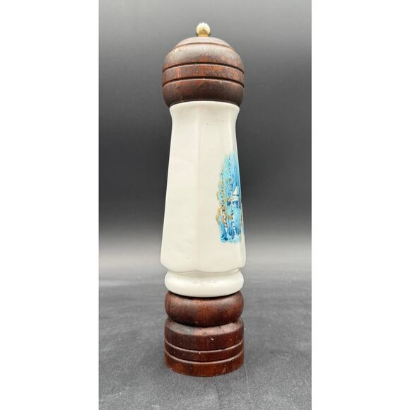 Vintage Pepper Grinder Wood and Porcelain Blue and White Winter Scene - Picture 2 of 8